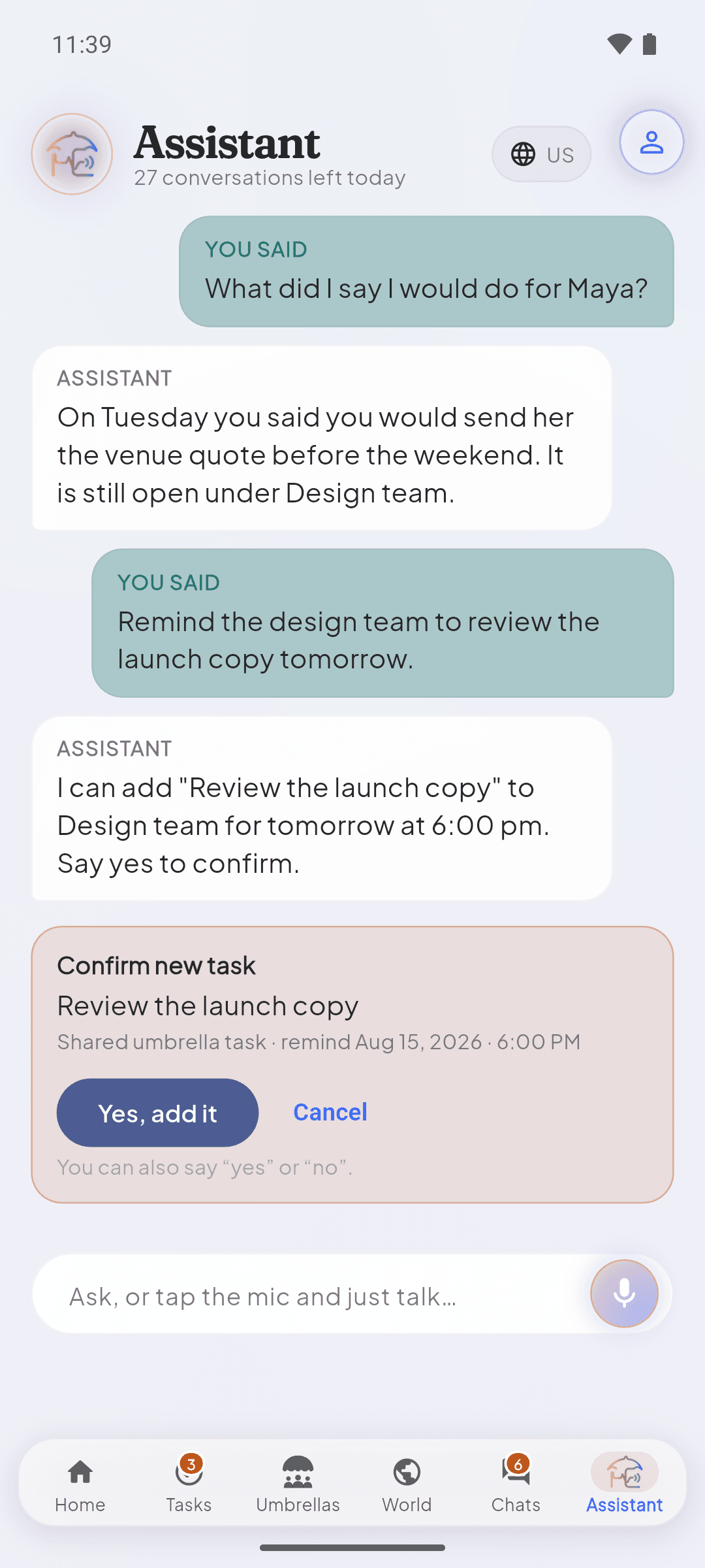 Assistant waiting for confirmation before creating a shared task