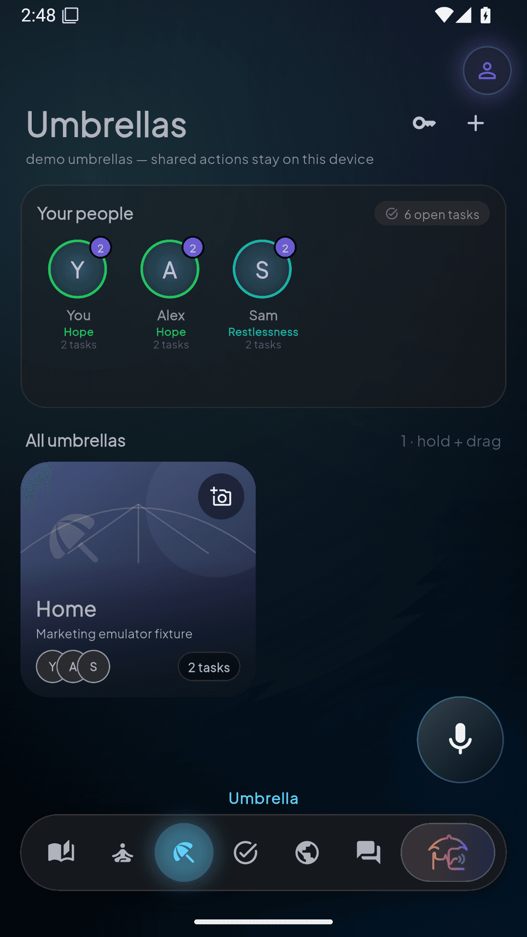 HushedEchoes Umbrellas screen showing live moods and task counts