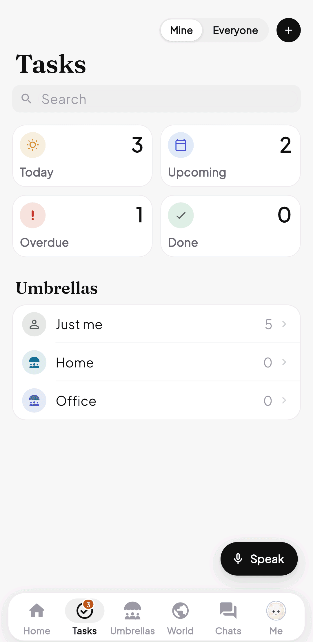 The app's Tasks screen with Today, Upcoming, Overdue and Done task groups