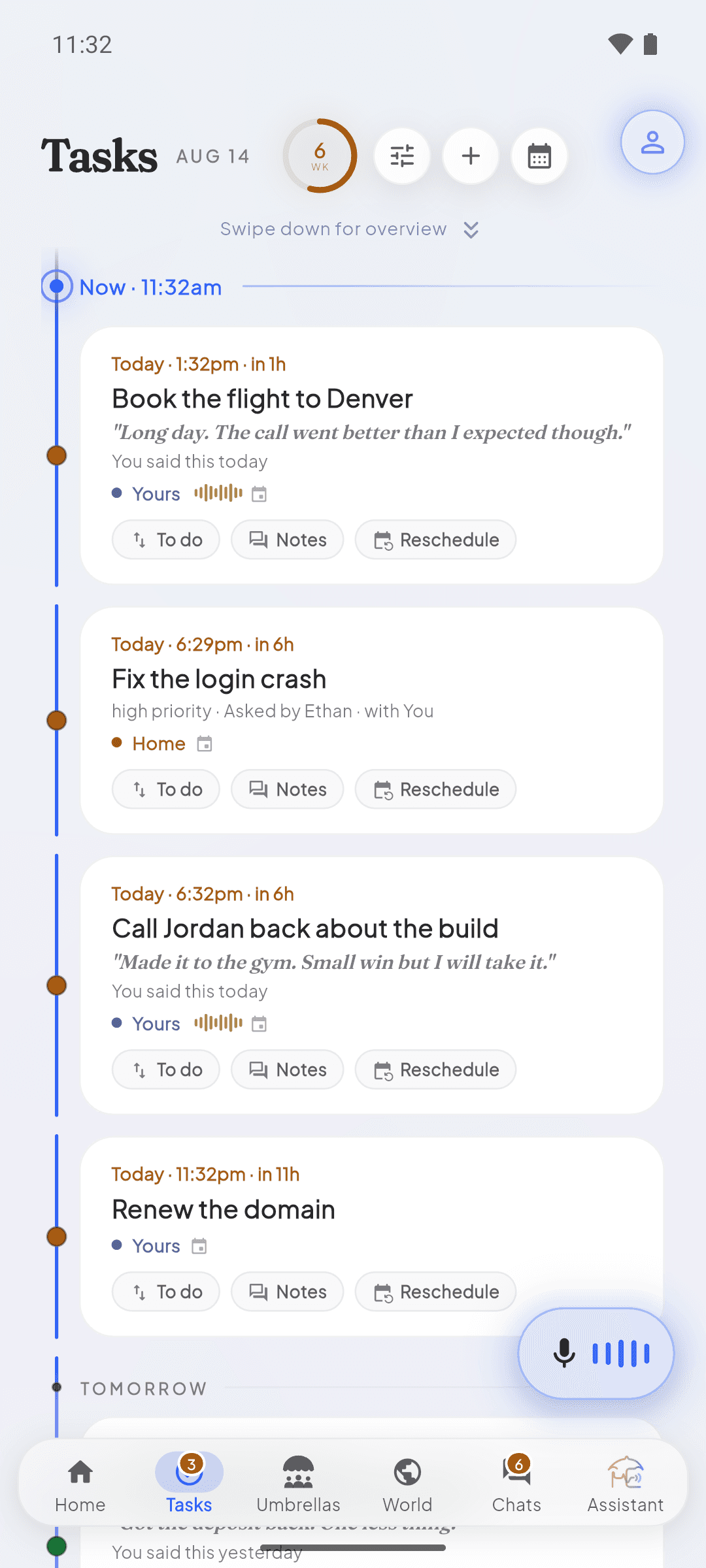 HushedEchoes task timeline showing a task with the echo that created it quoted underneath