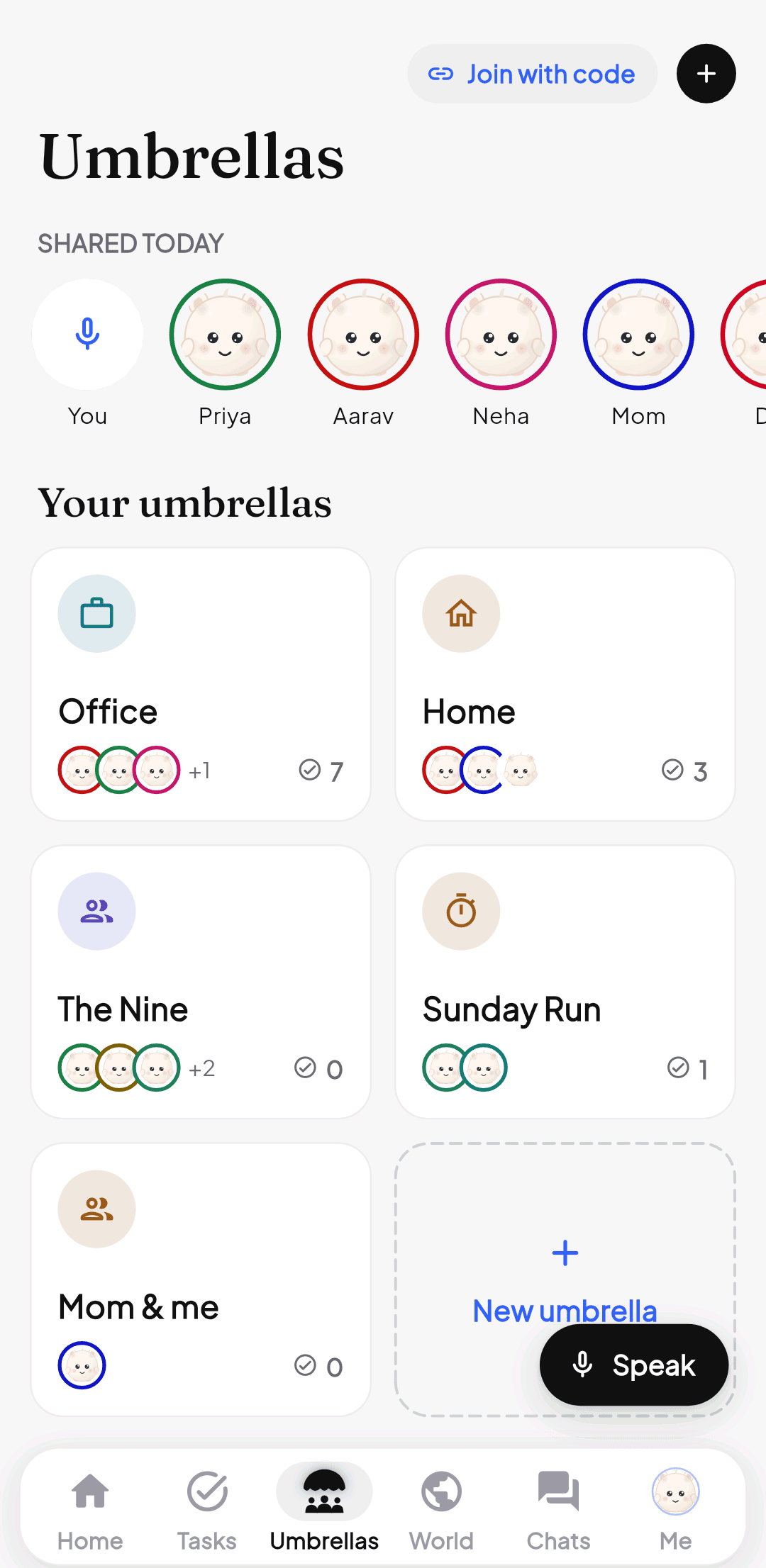 Umbrellas in the current app, with private groups for chosen people